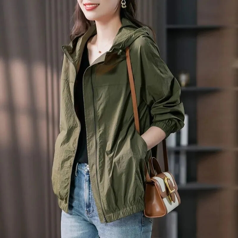 2024 Spring Autumn Thin Women Jackets Casual Short Coats Long Sleeve Solid Hooded Windbreaker Loose Fashion Sunscreen Outwear