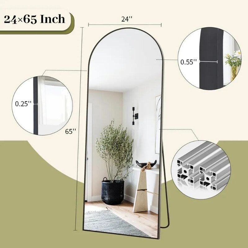 BEAUTYPEAK-Espejo de arco para suelo de 65 "x 24", longitud completa, espejo de pared colgante o inclinado arqueado, espejo de cuerpo completo con soporte