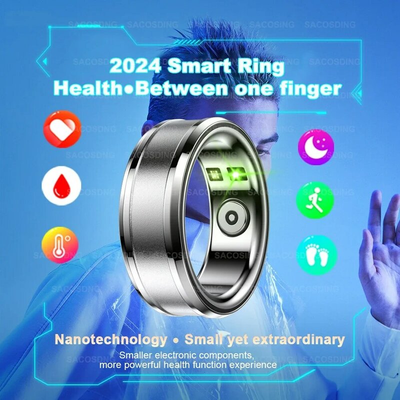 Anel inteligente multifuncional impermeável para homens e mulheres, Step Health Tracker, freqüência cardíaca, sangue, oxigênio, sono, fitness, aço titânio