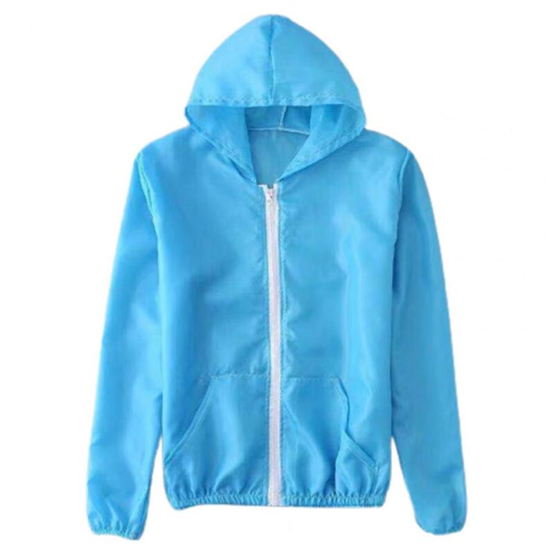 유니섹스 후드 재킷, 긴팔 자외선 차단 재킷, 포켓 지퍼 플래킷, 단색, 초박형 자외선 차단 의류