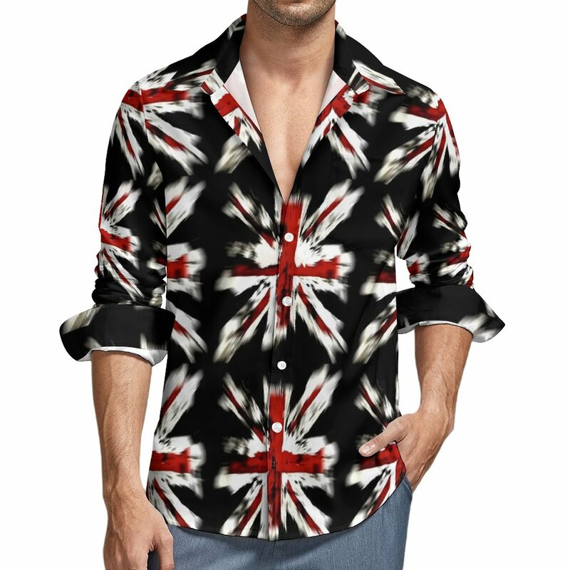 Blusa estampada manga comprida, camisa da bandeira britânica, camisas casuais, blusas estéticas, roupas grandes, moda outono