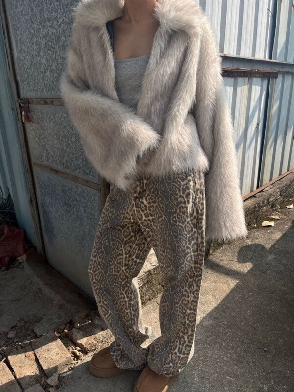 HOUZHOU Y2k Vintage Baggy Leopard Jeans donna stile giapponese coreano moda Denim pantaloni Harajuku Streetwear Gyaru pantaloni