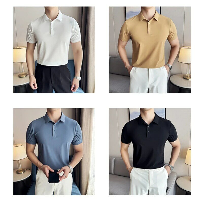 Camisa polo de manga curta masculina, monocromática, casual, respirável, elástica, de negócios, nova, alta qualidade, 2024 M-4xl