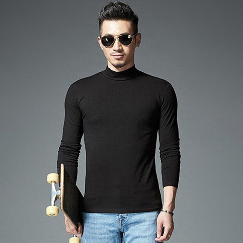 Camiseta de manga larga para hombre, Jersey informal ajustado de cuello alto, desviación de medición sólida para los datos Color