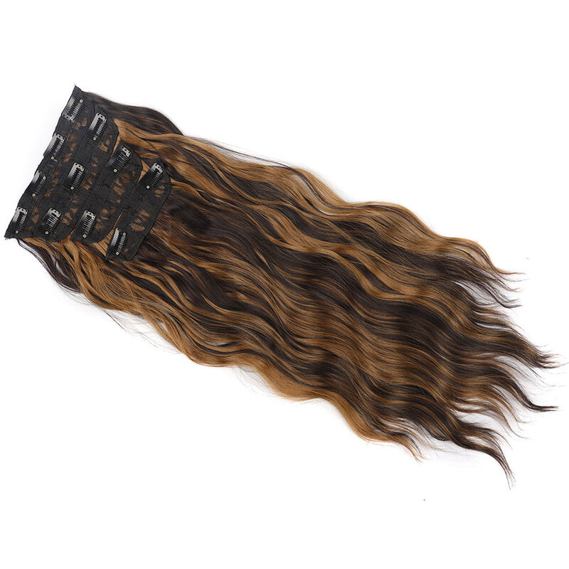 Jeedou ekstensi rambut sintetis panjang bergelombang, ekstensi rambut tebal untuk kepala penuh 4 buah/set klip dalam rambut ikal goyang warna hitam cokelat