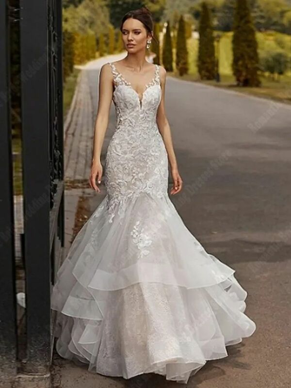 Sparkle Women Wedding Dresses Newest Glitter Tulle Deep-V Bridal Gowns  Elegant  A line Flower Shoulder Strap Vestidos De Novias