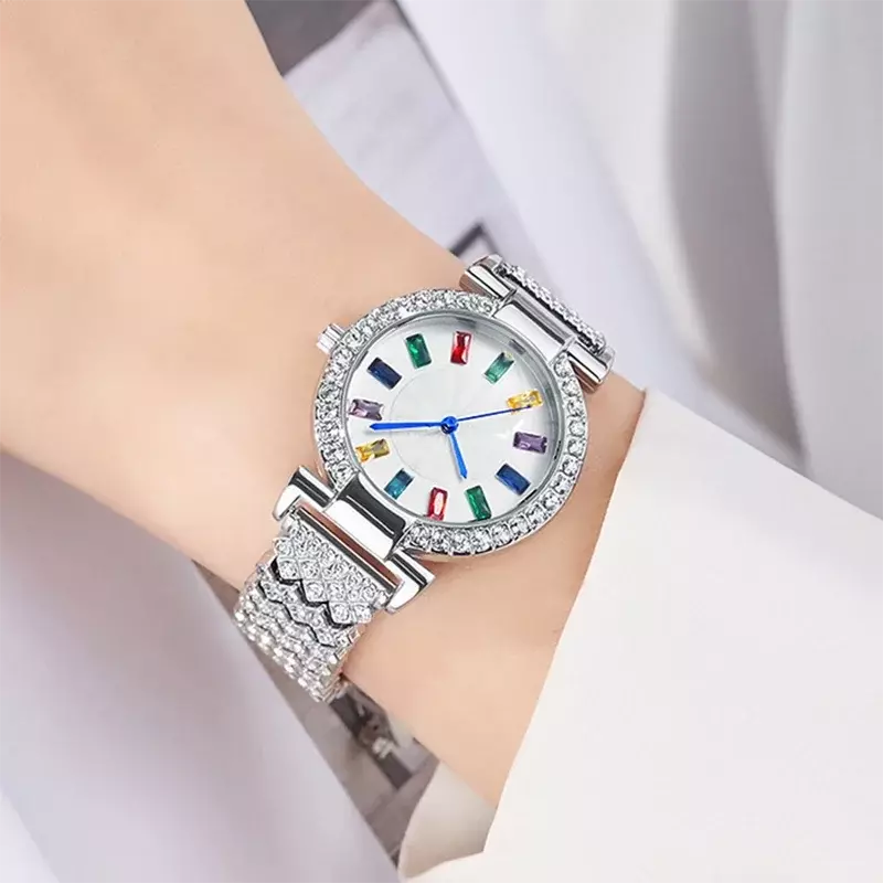 Full-ster luxe superflits bergkristal modetrend roségoud stalen riem quartz horloge voor dames