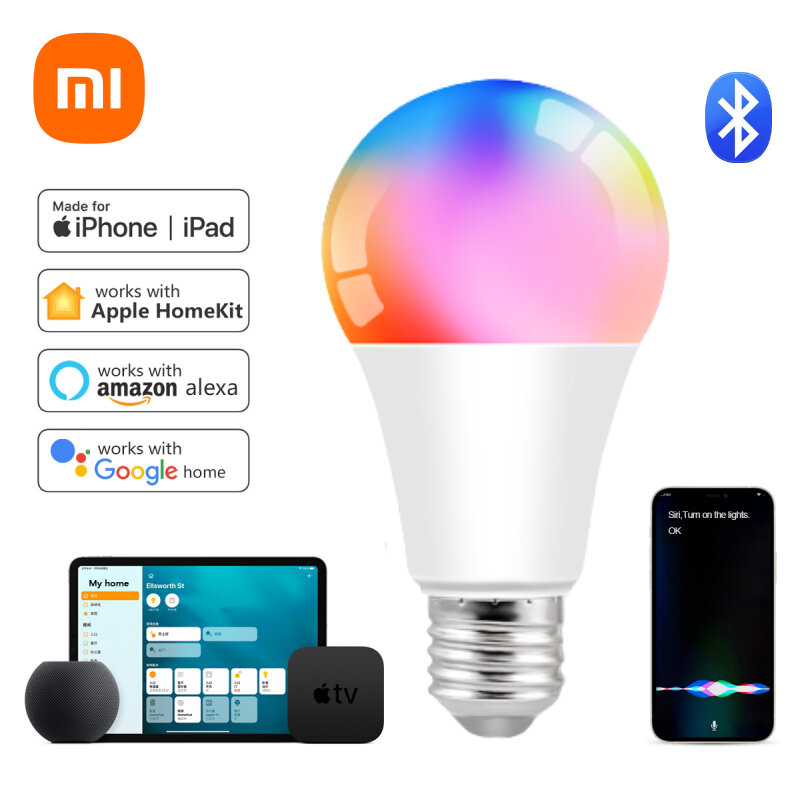 Xiaomi-Lâmpada LED Smart WiFi Certificada Homekit, Lâmpada Inteligente E27, Multicolorido, Regulável, Controle Siri, Alexa, Google Home