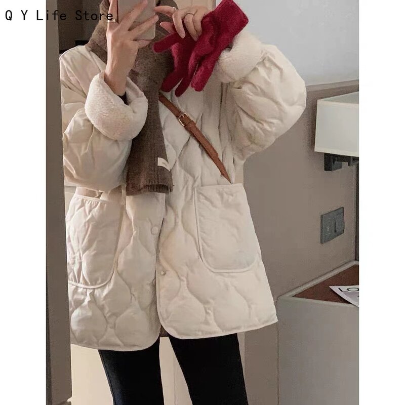 여성용 칼라리스 양털 스플라이싱 라이트 루즈 마름모 따뜻한 옷, 면 의류, 겨울 재킷