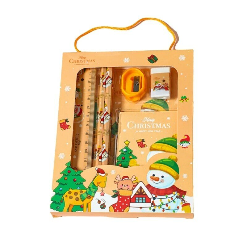 6PCS Kerstbriefpapier Cadeauset, Kerst Goodie Bag Vulstoffen, inclusief 2 Kerstpotlood, Gum, Liniaal, Puntenslijper F0T1