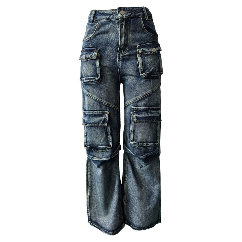Calça jeans feminina multi bolso com zíper reto, moda feminina de rua, estilo safári, jeans de perna larga, moda, 2024