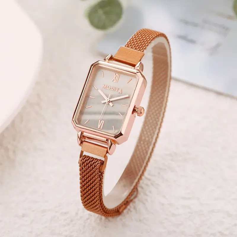 Women Watches Fashion Square Ladies Quartz Watch Magnetic Strap Green Dial Simple Rose Gold Mesh Luxury Women Watches