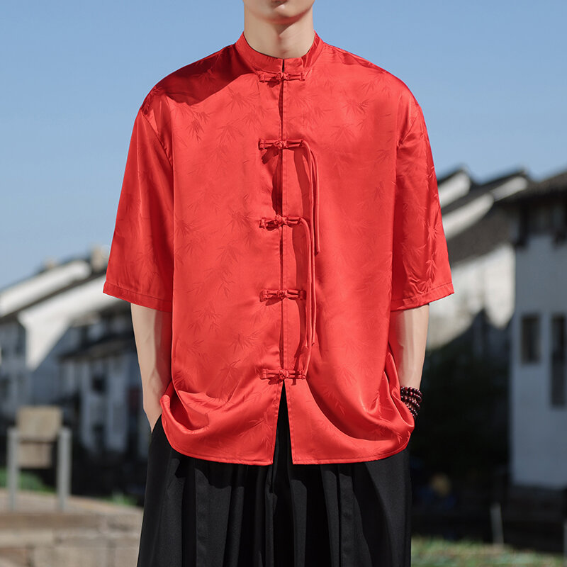 قميص صيني كونغ فو بياقة قصيرة للرجال ، بلوزة بدلة طويلة ، قمصان بلون واحد ، ملابس الشارع الصيفية ، مقاس كبير ، 5XL