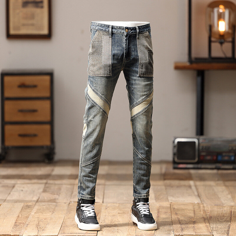 Stitching Design Fashion Street Motorcycle Jeans Handsome Man Trendy Casual Retro Stretch Slim Fit Skinny Pants