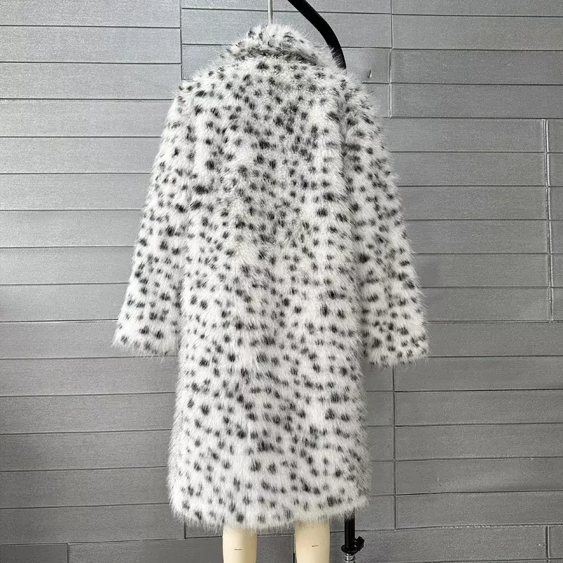 여성용 인조 여우 모피 코트, 턴다운 칼라 레오파드 무늬, 길고 푹신한 재킷, 두껍고 따뜻한 방풍 플러시 외투, 2024 겨울 패션