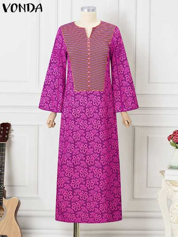 Plus Size 5XL VONDA Bohemian Printed Maxi Dress 2024 Summer Women Sundress V-Neck Long Flare Sleeve Party Vestidos Casual Robe