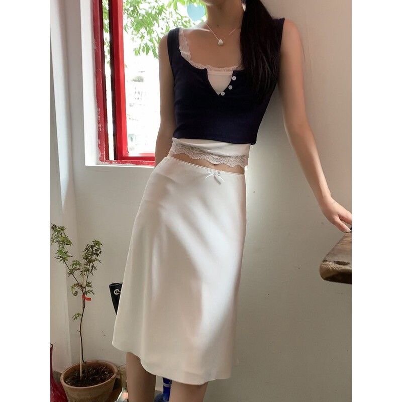 Deeptown Elegant White Women Skirt Fairycore Ruffle Mid Skirts Coquette Summer Sexy A-line Basic Casual Korean Style Silk Skirt