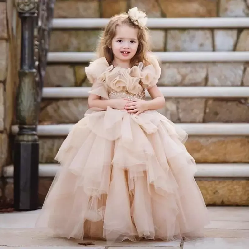 Puffy Champagne Flower Girl Dress Exquisite Tiered Long Children Kids Girl Wedding Birthday Holiday Party First Communion Dress