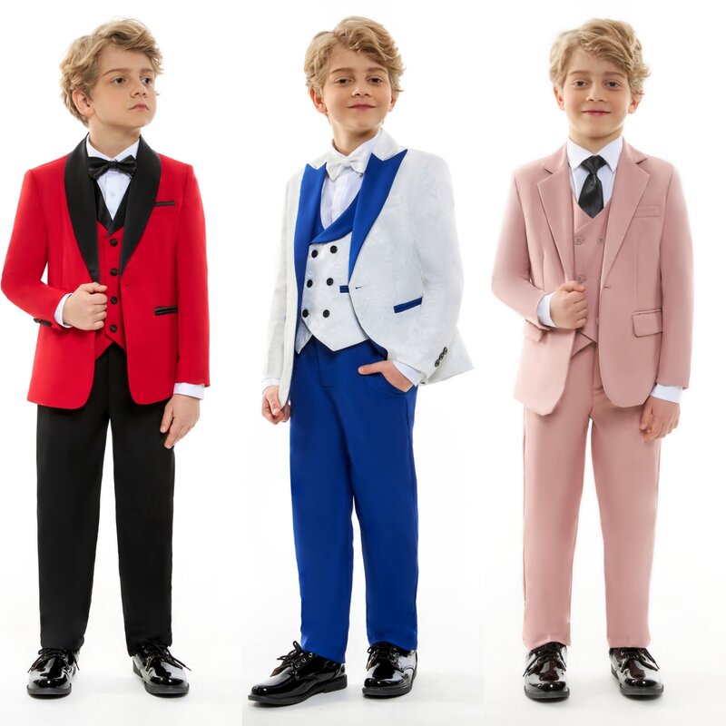 Conjunto de traje inteligente de 4 piezas para niños, esmoquin Formal ajustado, Blazer, chaleco, pantalones con pajarita, entrega rápida