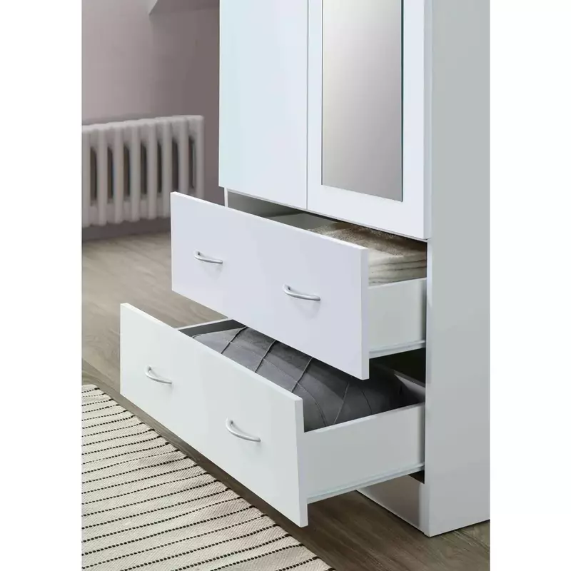 2 Door Wood Wardrobe Bedroom Closet with Clothing Rod inside Cabinet, 2 Drawers for Storage and Mirror