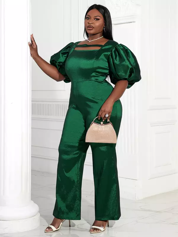 Stylish Women Jumpsuit Sparkly Plus Size Fitted Shiny Green Overalls Summer Puff Sleeve Vintage Rompers Work Elegant Outfits