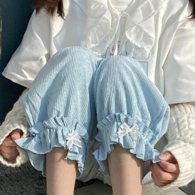 Pantaloni di velluto a coste a vita alta Kawaii da donna Lolita giapponese pantaloni della tuta a gamba larga con volant con fiocco dolce abbigliamento femminile pantaloni larghi e carini