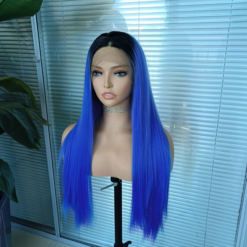 Diniwigs Ombre синие длинные шелковистые прямые синтетические кружевные передние парики, синтетические парики с темными корнями для женщин, парики из термоволокна для косплея