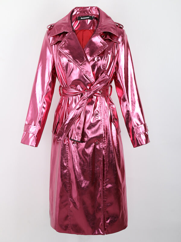 Nerazzurri-gabardina larga reflectante de charol para mujer, abrigo con fajas, doble botonadura, moda europea, primavera y otoño, 2022