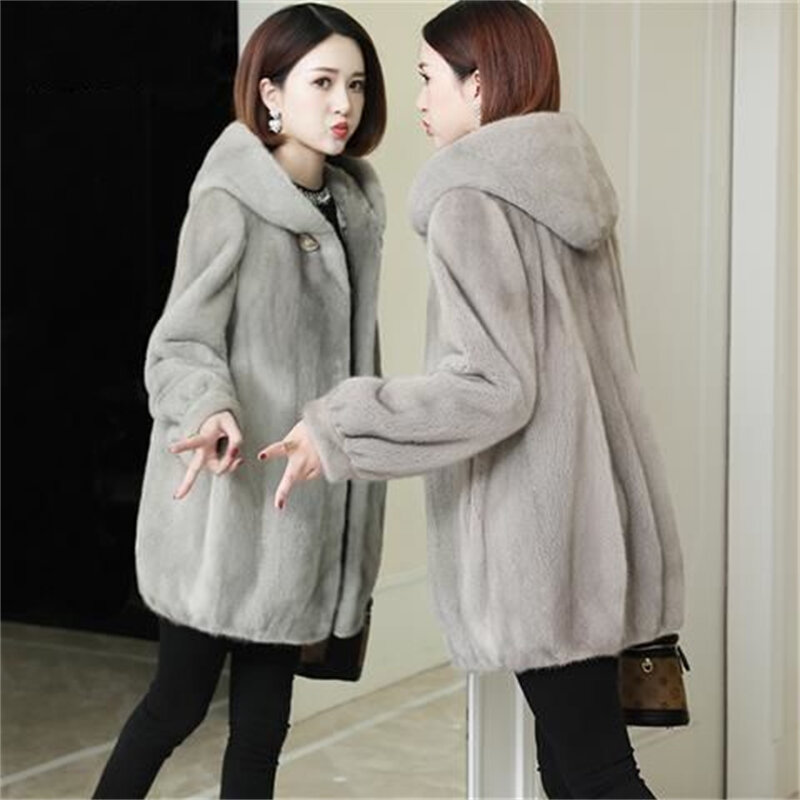 Imitation Mink Velvet Faux Fur Thick Coat Women Winter Warm Parkas Hooded Mid Length Loose Jacket Fashion Simplicity Overcoat