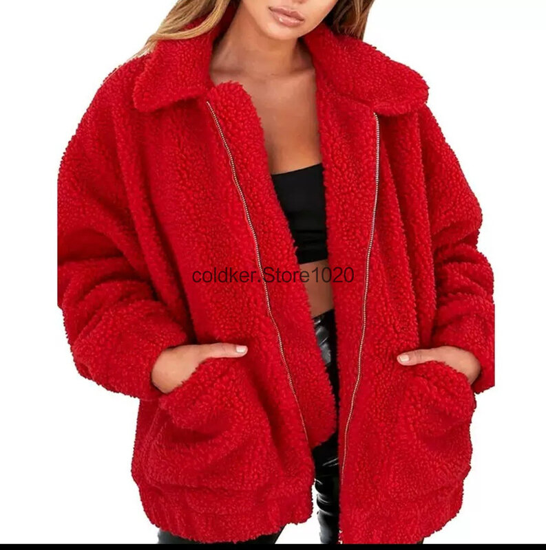 Mantel wol tebal longgar wanita, mantel wol tebal longgar berritsleting, jaket Luaran ukuran besar musim dingin untuk wanita