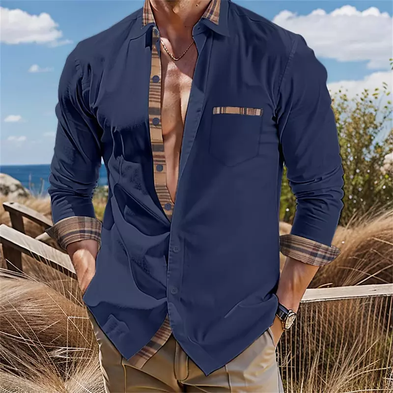 2024 neue Herren Button-up-Shirt einfarbig lang ärmel ige Revers tägliche Urlaubs tasche Mode lässig bequemes Top plus Größe