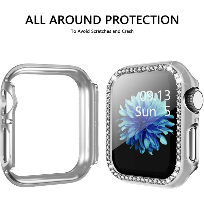 Funda protectora para Apple Watch 9/8/7 para mujer, carcasa con diamantes de imitación ostentosos, marco de parachoques, serie iWatch, 40mm, 44mm, 6/5/4 SE, 45mm