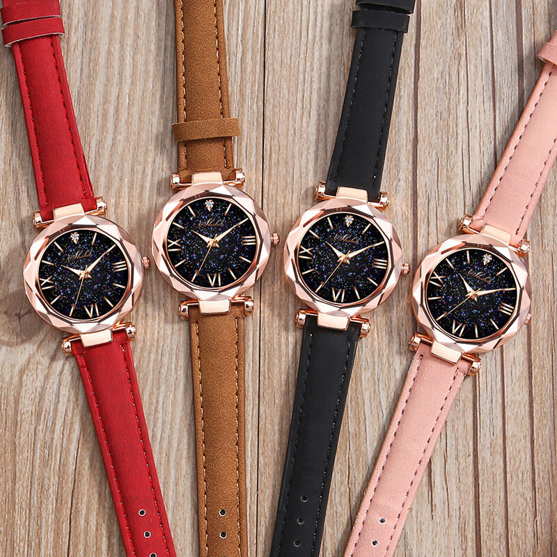 Jam tangan wanita Fashion tali kulit jam tangan wanita, jam tangan kulit berlian imitasi angka Romawi Dial bulat langit berbintang kuarsa