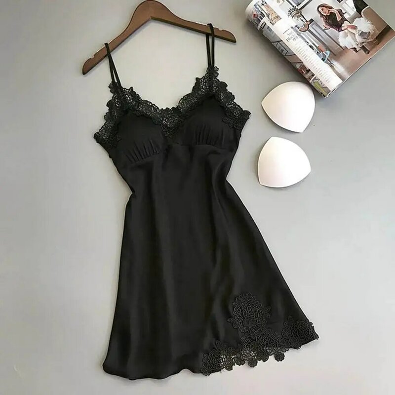 Sexy Nightgown Elegant Lace Patchwork Satin Nightdress for Women V Neck Backless Sleepwear Dress with Detachable Pads Soft Above