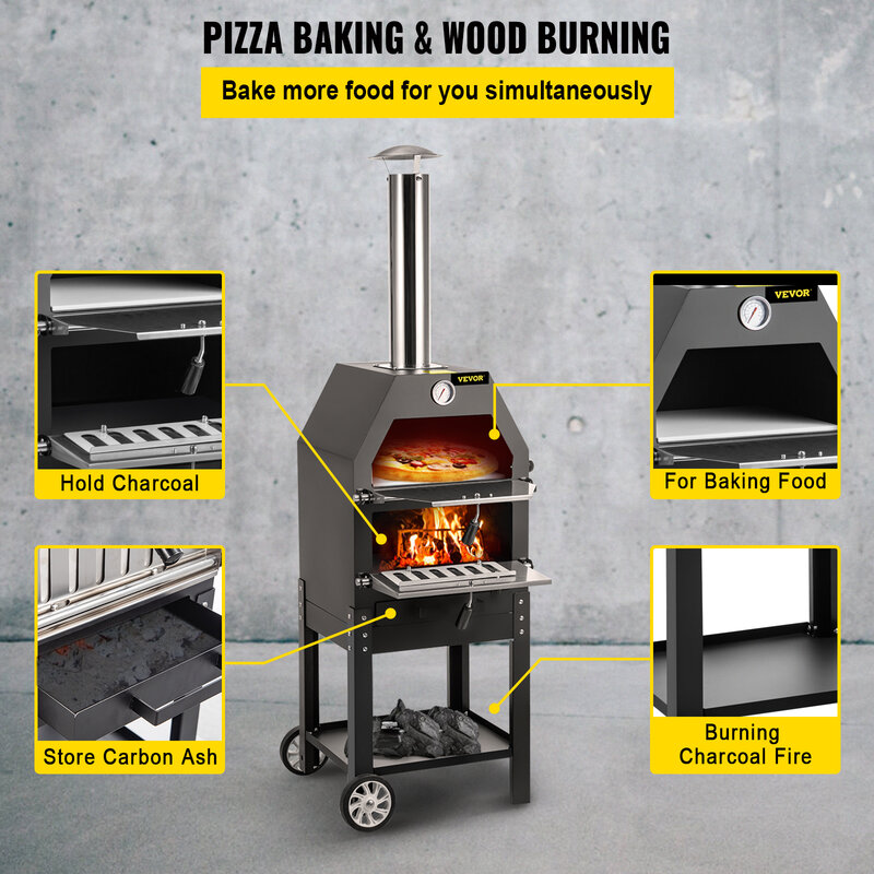 Piec do pizzy zewnętrzne VEVOR 12 "2-warstwowe drewno spalane z 2 wyjmowanymi kołami 700 umaczana maksymalna temperatura do grilla