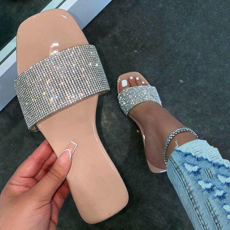 Slippers Women's Rhinestone Wide Strap Square Toe Slippers Flip Flops Flat Sandals Ladies Slippers Shoes Female Bling Luxury