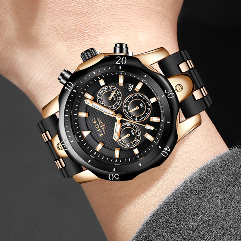 Часы наручные LIGE мужские с силиконовым ремешком, брендовые армейские кварцевые в стиле милитари, с хронографом и коробкой