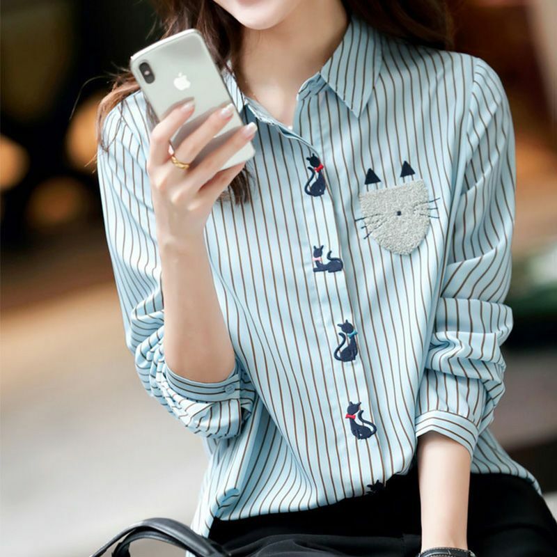Woman Top Button Up Spring and Autumn Kawaii Loose Striped Shirts & Blouses for Women Full Long Sleeve Cute Novelty 2024 Vintage