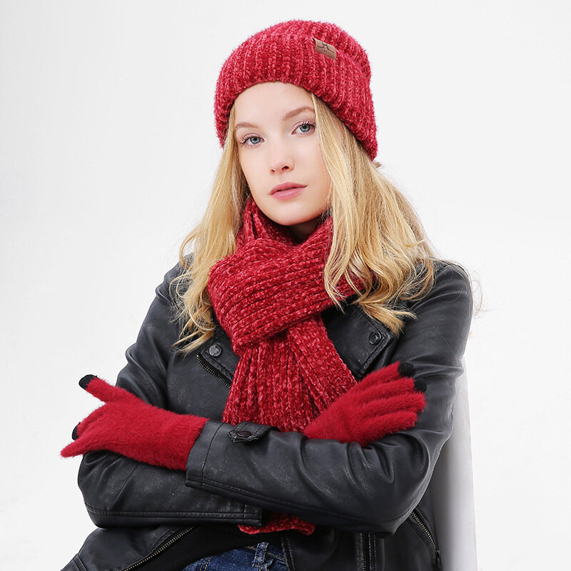 여성을 위한 겨울 모자 스카프 장갑 세트 3 피스, 2022 두꺼운 따뜻한 셔닐 니트 여성 비니 모자 스카프 장갑