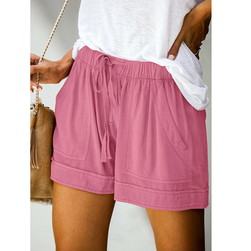 Celana pendek kasual wanita, bawahan serut warna Solid longgar berenda dengan saku pinggang elastis musim panas untuk perempuan