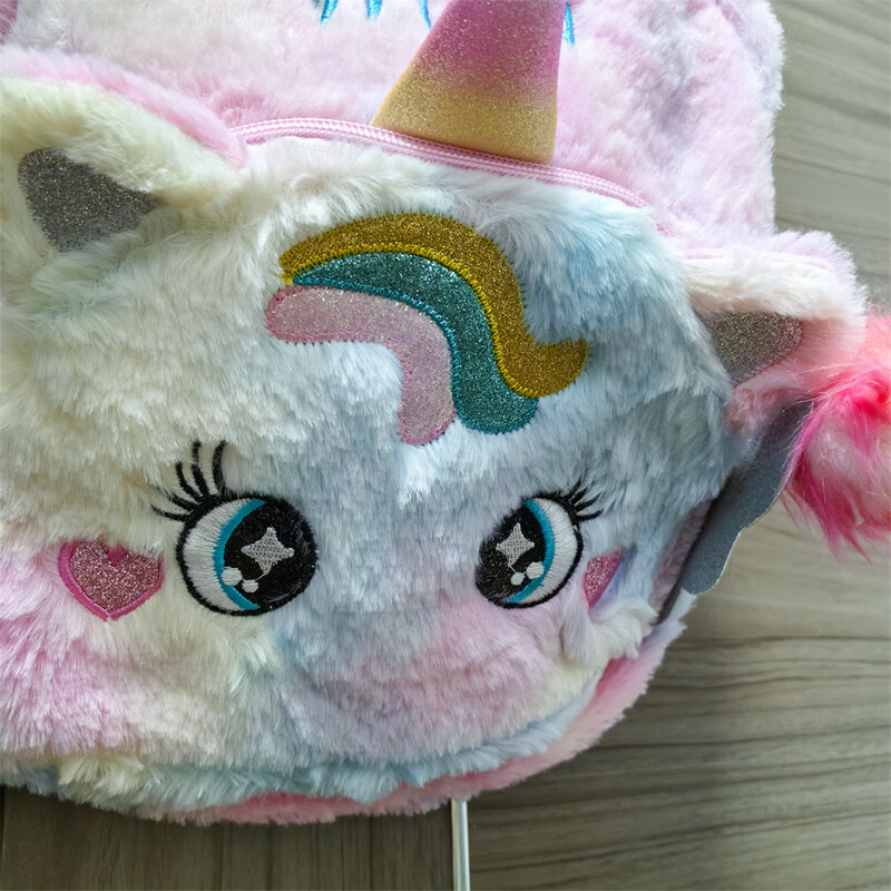 Personalized Name Plush Unicorn Backpack Kindergarten Girl's Schoolbag Custom Embroidered Big Eyes Unicorn Children's Plush Bags