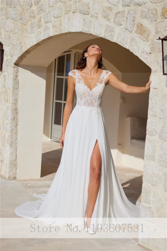 2024 sederhana V-neck sifon renda gaun pengantin tanpa lengan A-line untuk wanita belahan samping Court gaun pengantin robe de marifee