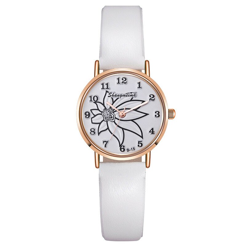 Ladies Watches Fashion Simple Flowers Pattern Design Dial Watch  Daily Casual Clothing Matching Leather Strap Quartz Watch