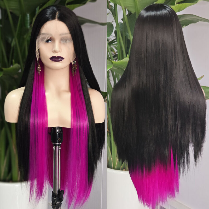 RONGDUOYI Black Pink Two Colors Straight Synthetic Lace Front Wig Long Silk Straight Hair Heat Friendly Fiber Women Cosplay Wigs