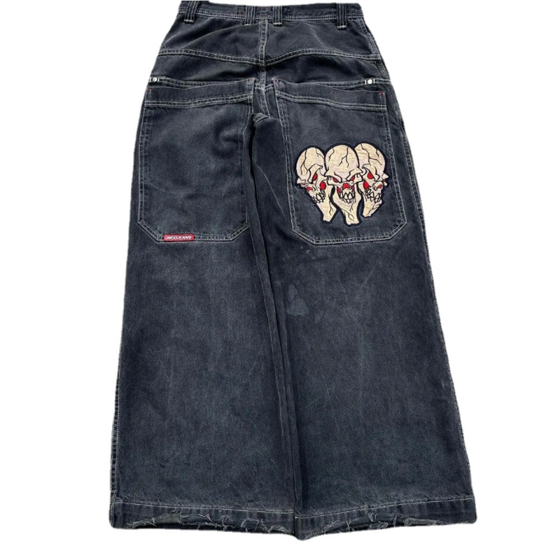 2024 JNCO Jeans Y2K Harajuku Retro Skull Pattern Embroidered Loose Jeans Black Pants Men's and Women's Gothic High Waist Pants