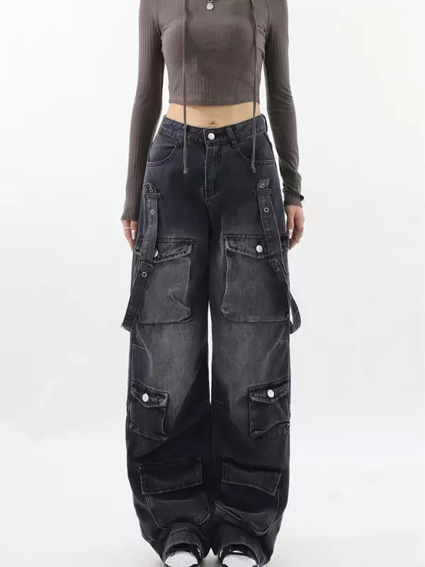 Jeans Gotik overall hitam Retro wanita, celana Jeans pinggang tinggi lurus Pasangan koboi kaki lebar longgar kasual jalanan Y2K baru