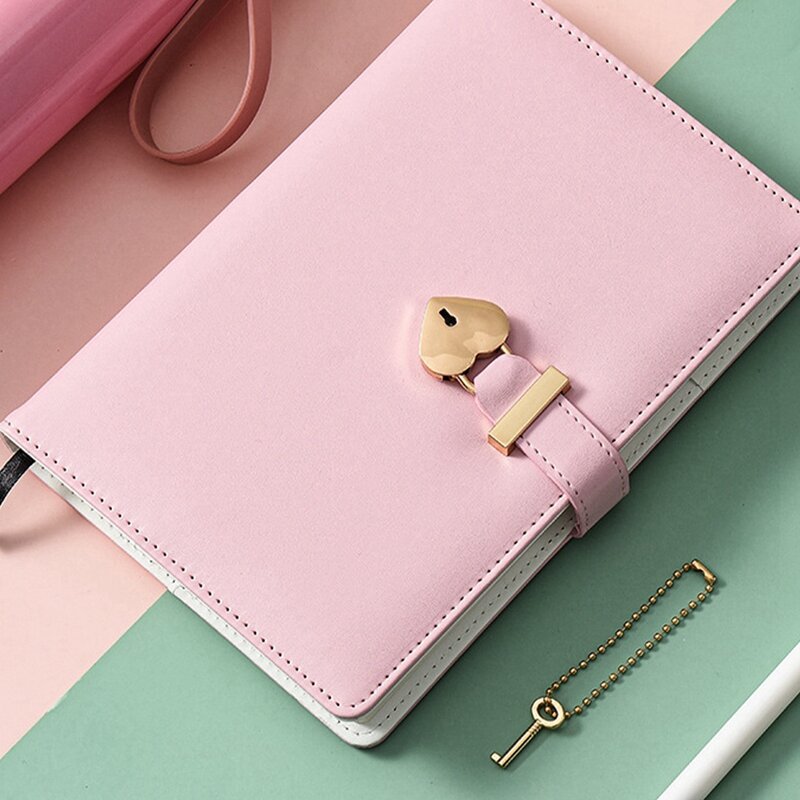 Notepad Thickened Heart-Shaped Lock Cute Girl Love Lock Diary Girl Birthday Gift (Pink,1 Set)