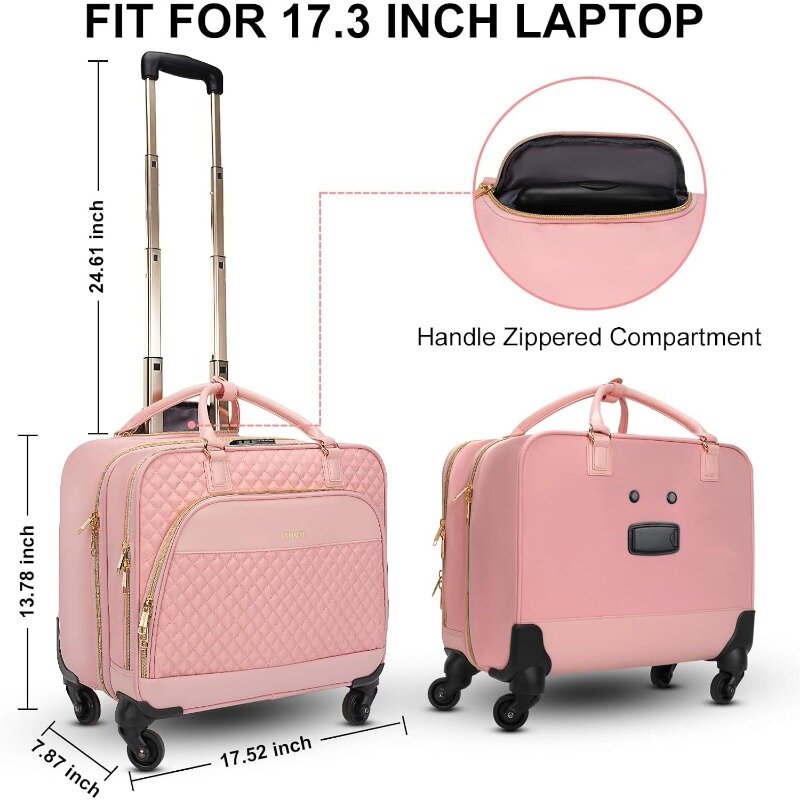 Maletín rodante de 17,3 pulgadas con ruedas y cerradura TSA, bolsa de ordenador sobre ruedas, bolsa de rodillo para viajes, trabajo de negocios, color rosa