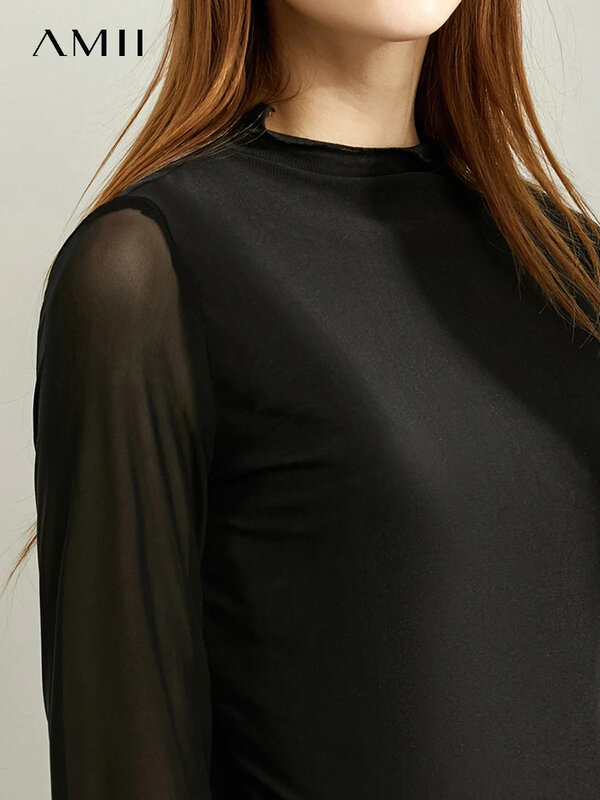 Amii-camisetas de fondo minimalistas para mujer, camiseta informal de malla lisa, ajustada, con cuello alto elástico, 11920272