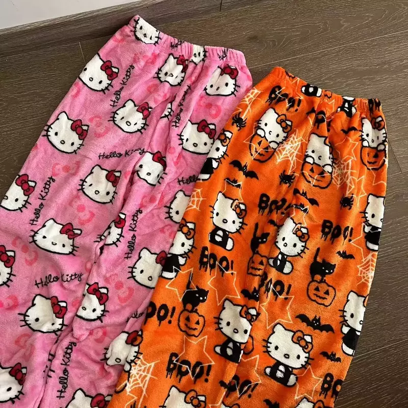 Sanrio Hello Kitty Anime Y2k Kawaii Flannel Pajamas Women'S Warm Woolen Cartoon Casual Home Pants Autumn Winter Fashion Trousers